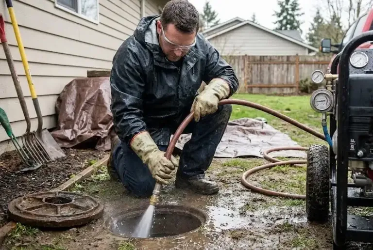 Technician using hydro jetting equipment to clean a clogged drain line