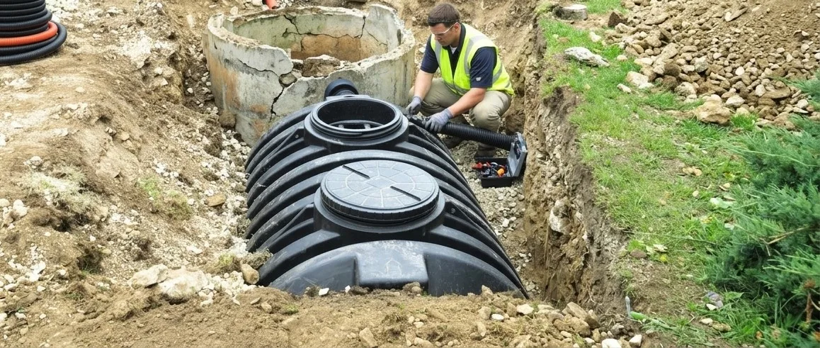 Septic Tank Guru technician inspecting a concrete septic tank in an Atlanta backyard for signs of failure