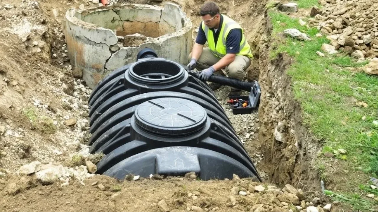 Septic Tank Guru technician inspecting a concrete septic tank in an Atlanta backyard for signs of failure